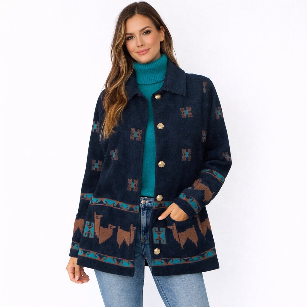 VTG  Black Turquoise Western Aztec Brown‎ Llama Alpaca Fleece Jacket